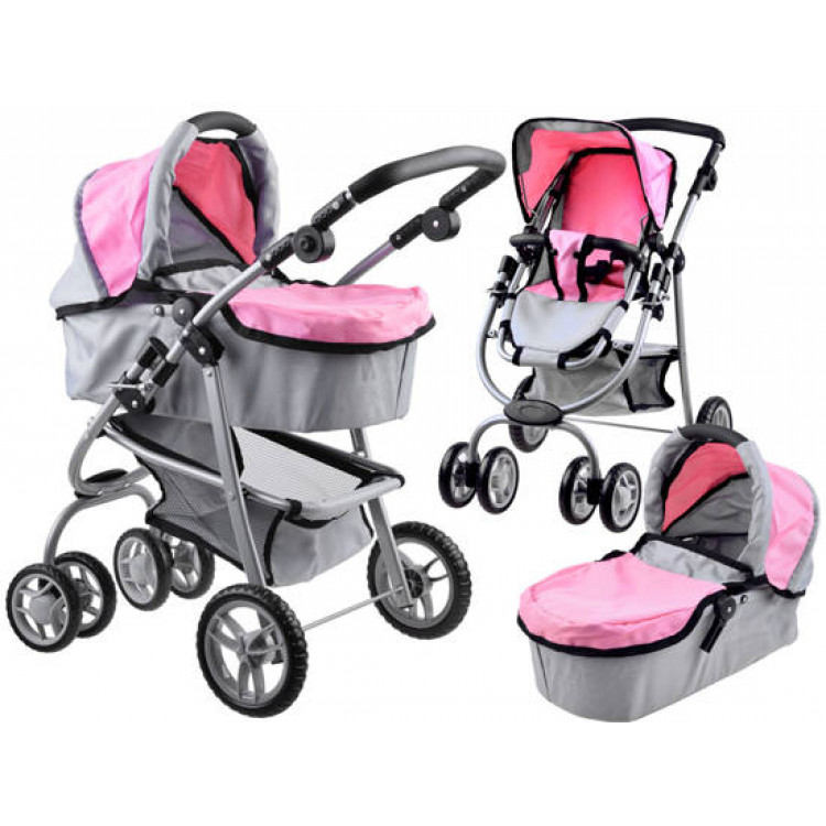 Kočík pre bábiky 3v1 kočík gondola – sivo-ružový